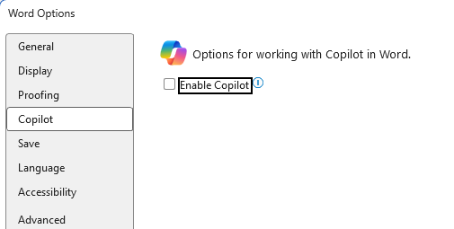 Word で Copilot を有効にするチェックを外す