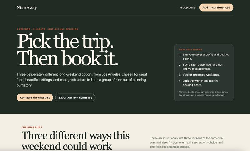 Nine Away travel-planning webpage presents long-weekend trip options from Los Angeles with comparison and preference controls.