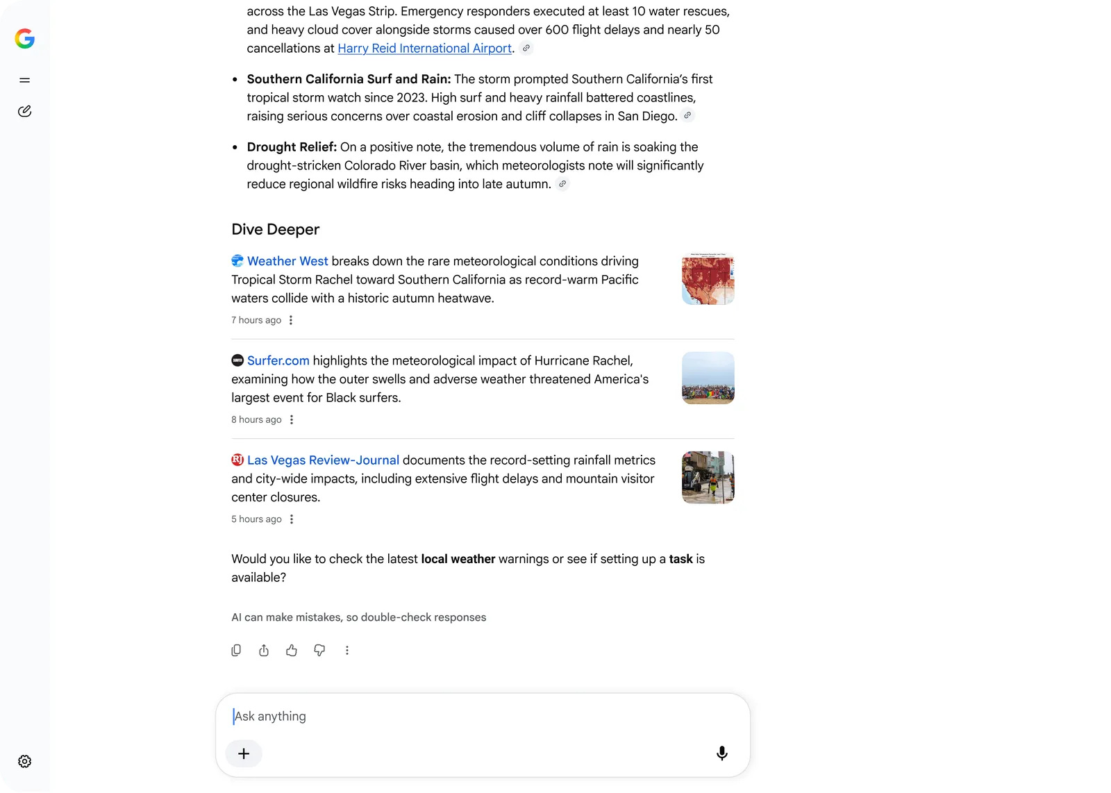回答末尾の「Dive Deeper」欄に3件の記事へのリンクと紹介文が並び、右側に画像が表示されている