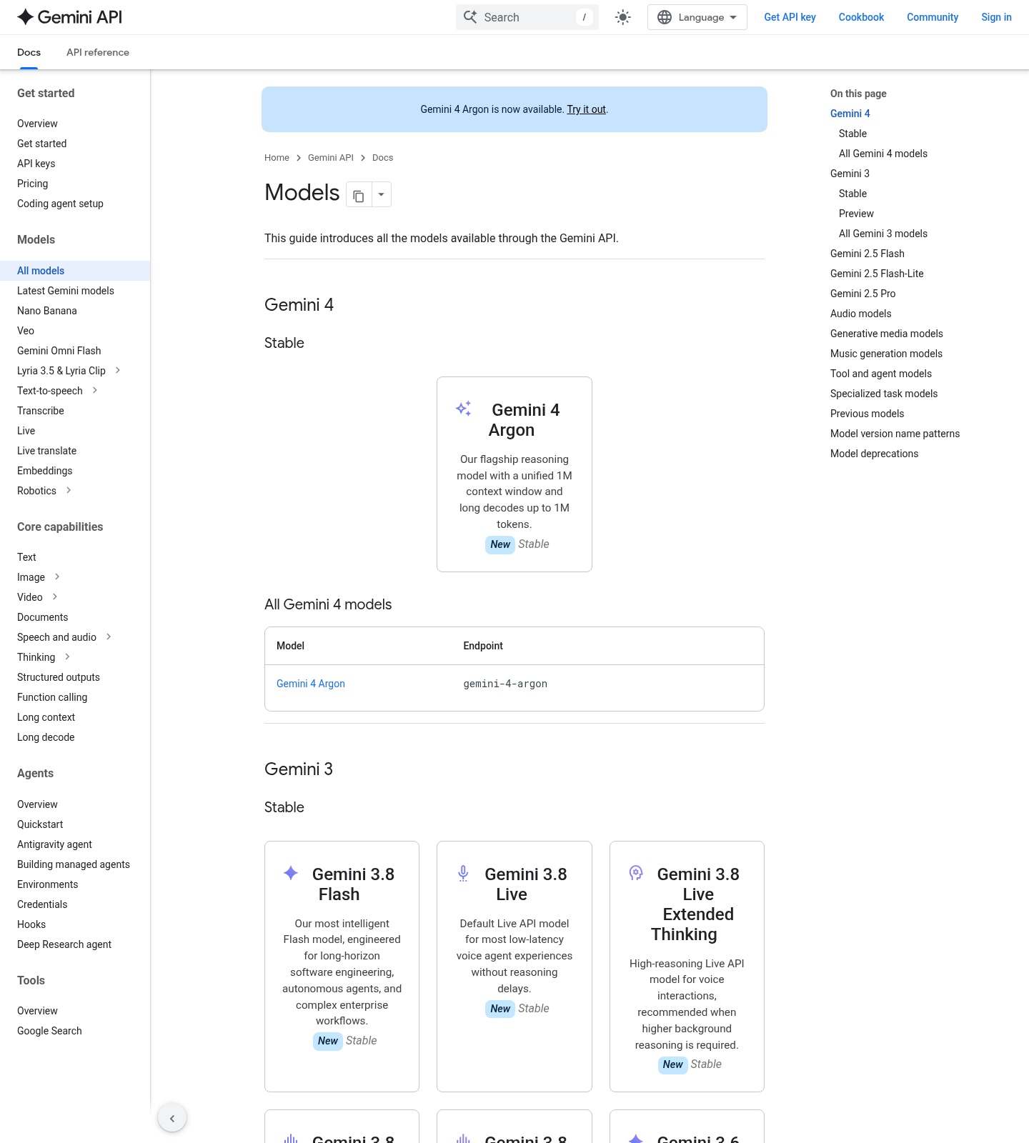 A screenshot of Google's Gemini API models documentation at ai.google.dev in English, headed 'Gemini 4 - Stable', listing one model, Gemini 4 Argon, with the endpoint gemini-4-argon and a 1M-token unified context window with long decodes up to 1M tokens.