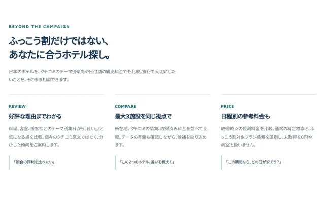 ふっこう割以外のホテル探し:クチコミ・比較・料金の3項目を紹介する図