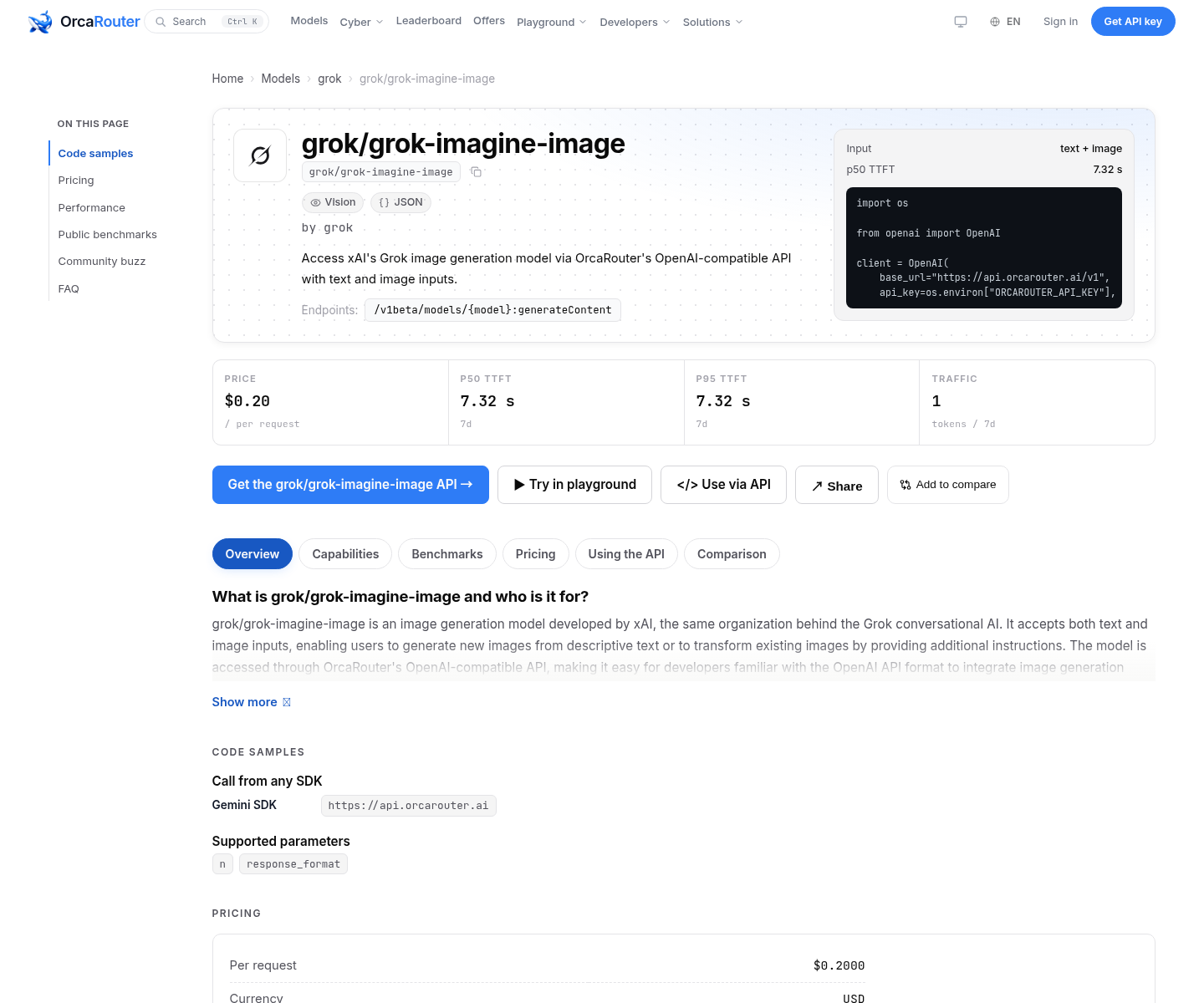 A screenshot of OrcaRouter's own model page for grok/grok-imagine-image, labelled 'Public benchmarks' and 'Community buzz' in the sidebar and headed with the model identifier, a p50 time-to-first-token figure, the line 'Access xAI's Grok image generation model via OrcaRouter's OpenAI-compatible API', code samples for calling it from an SDK, a supported-parameters list including response_format, and a pricing block showing $0.2000 per request. Captured 16 October 2026 with a throwaway browser profile at en-US locale.
