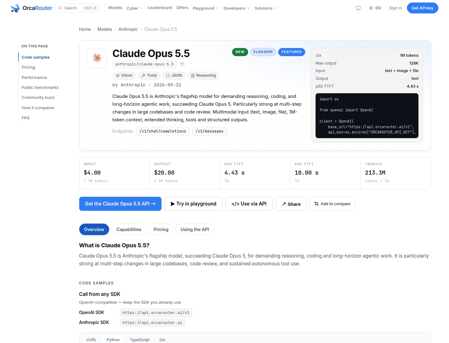 A screenshot of the OrcaRouter model page for Claude Opus 5.5 showing an input price of $4.00 per million tokens, an output price of $20.00 per million tokens, a 1M-token context window and a maximum output of 128K tokens.