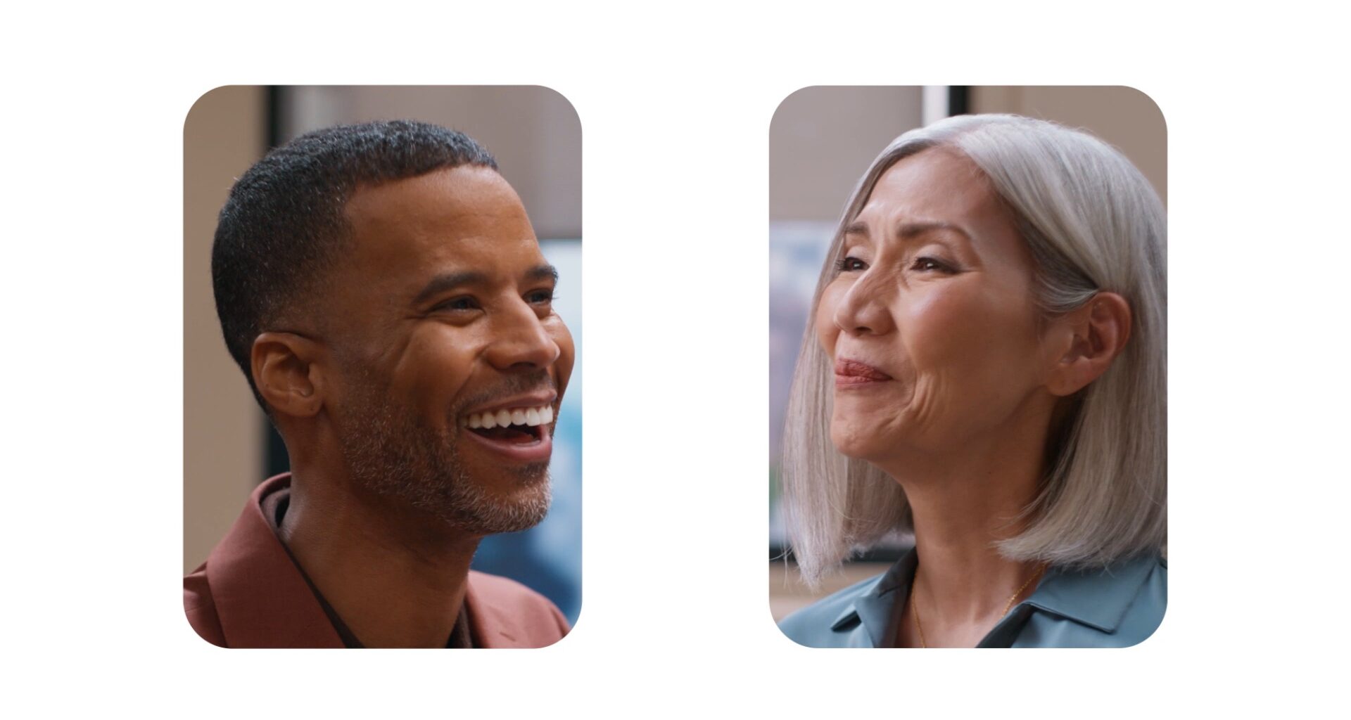 Google Beamで会話する2人。それぞれ笑顔で相手の方を向いている