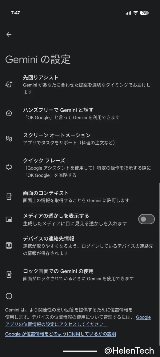 Gemini の設定画面