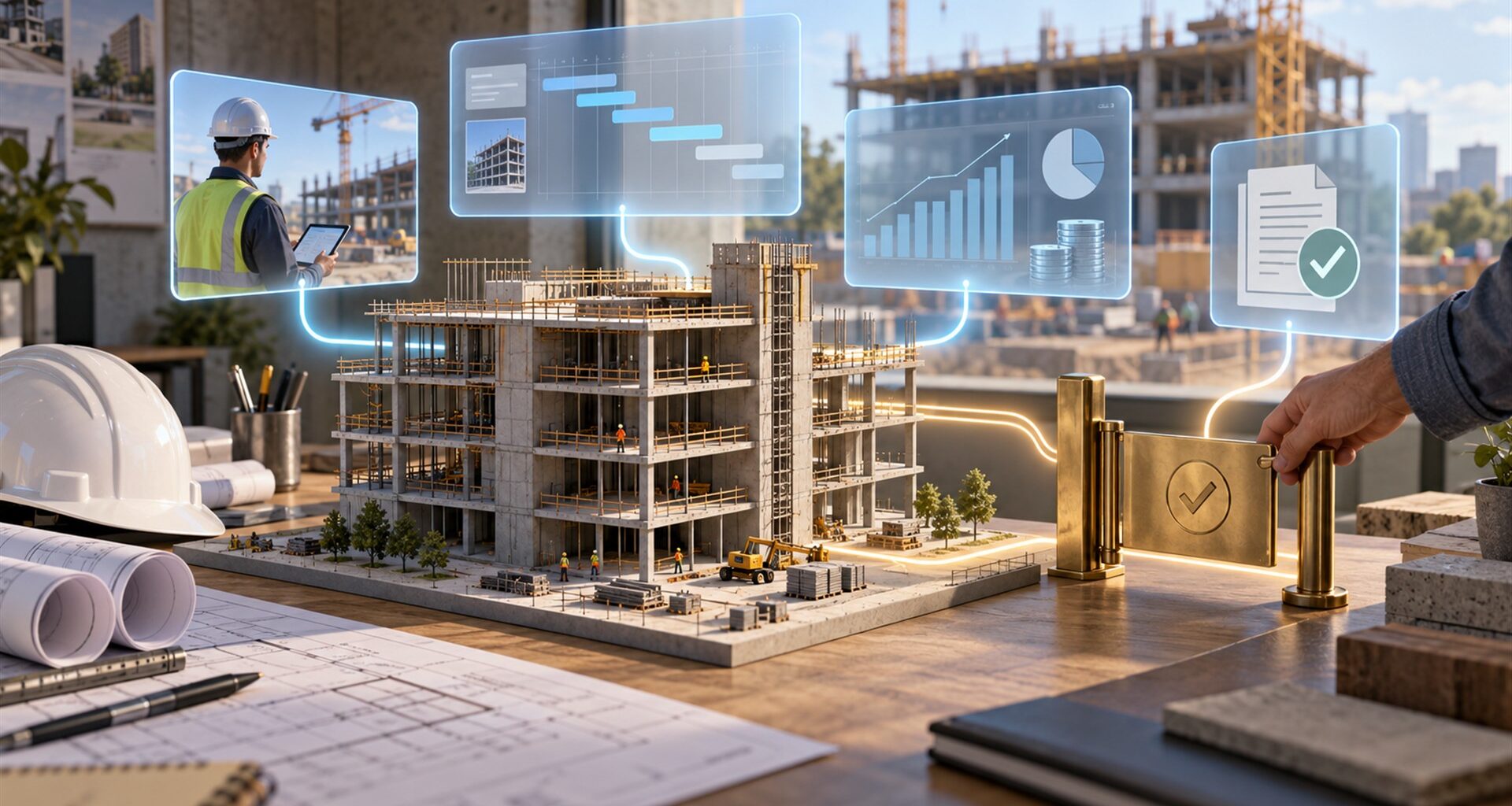 AI-generated conceptual illustration of construction project data, scheduling, financial analysis, and human approval.