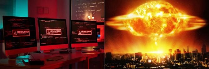 緊急メッセージを表示するモニタ、現代都市の巨大な核爆発